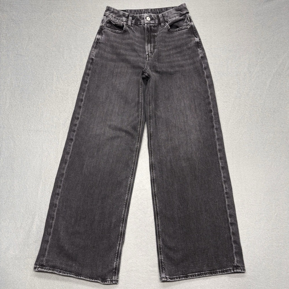 American Eagle Jeans Womens 2 Curvy Baggy Wide Leg Super High Rise Black Denim - Picture 2 of 13